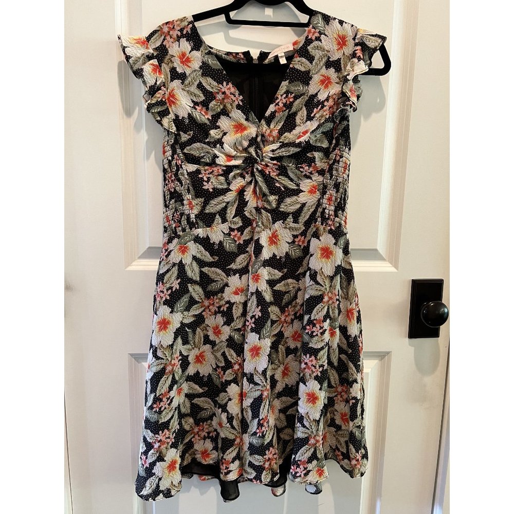 Rebecca Taylor Kamea Smocked Floral Flutter-Sleeve V-Neck Stretch Silk Dress - Picture 4 of 7